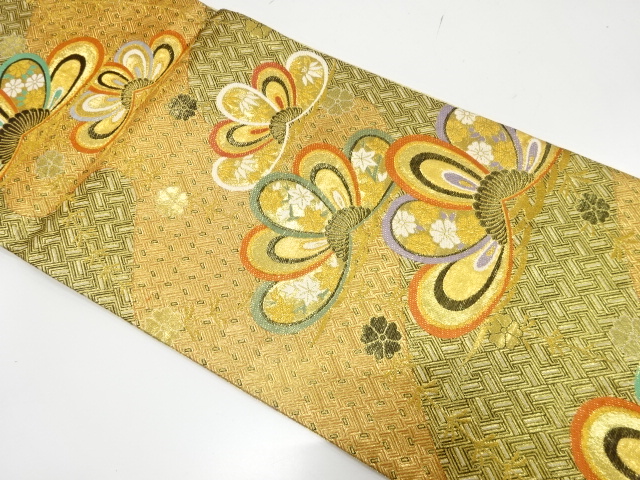 JAPANESE KIMONO / FUKURO OBI FOR FURISODE / SILK / WOVEN KASAMATSU & SAKURA & CLASSICAL PATTERN